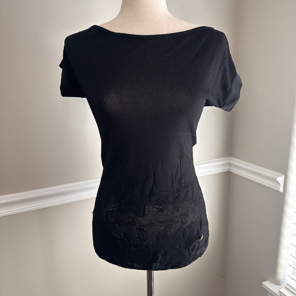 Vtg Roberto Cavalli Women Black Mesh Top Floral Boat Neck Gold Button S Club